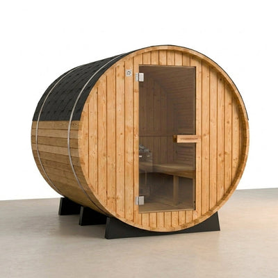 Outdoor Barrel Sauna Built for Year-Round Use, Finnish Thermo Pine, Harvia Heater, Half View Window