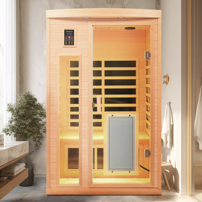 Low EMF, There is also a heating plate on the glass door, Hemlock wood Far-infrared indoor Two person sauna room