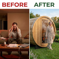 2-Person Luxury Finland Thermo Pine Outdoor Barrel Sauna with Half View Window,Harvia Electric Heater with Sauna Stone, Sauna Accessories Kit and Asphalt Shingle Roof, 4'X6', OBS1812 — Before & After