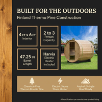 2-Person Luxury Finland Thermo Pine Outdoor Barrel Sauna with Half View Window,Harvia Electric Heater with Sauna Stone, Sauna Accessories Kit and Asphalt Shingle Roof, 4'X6', OBS1812 — Results & Stats