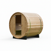 Outdoor Barrel Sauna Built for Year-Round Use, Finnish Thermo Pine, Harvia Heater, Half View Window
