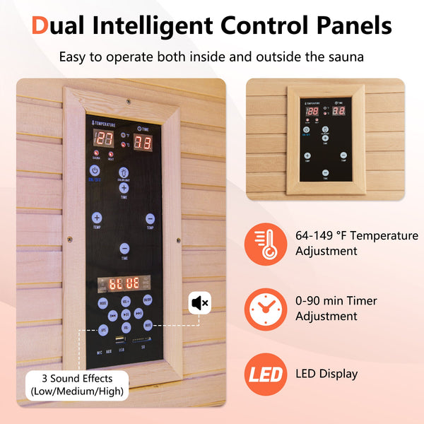 2 People Far Infrared Wooden Sauna Room with Free Red-Light Therapy for Home