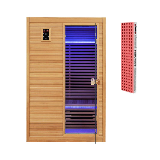 2 People Far Infrared Wooden Sauna Room with Free Red-Light Therapy for Home
