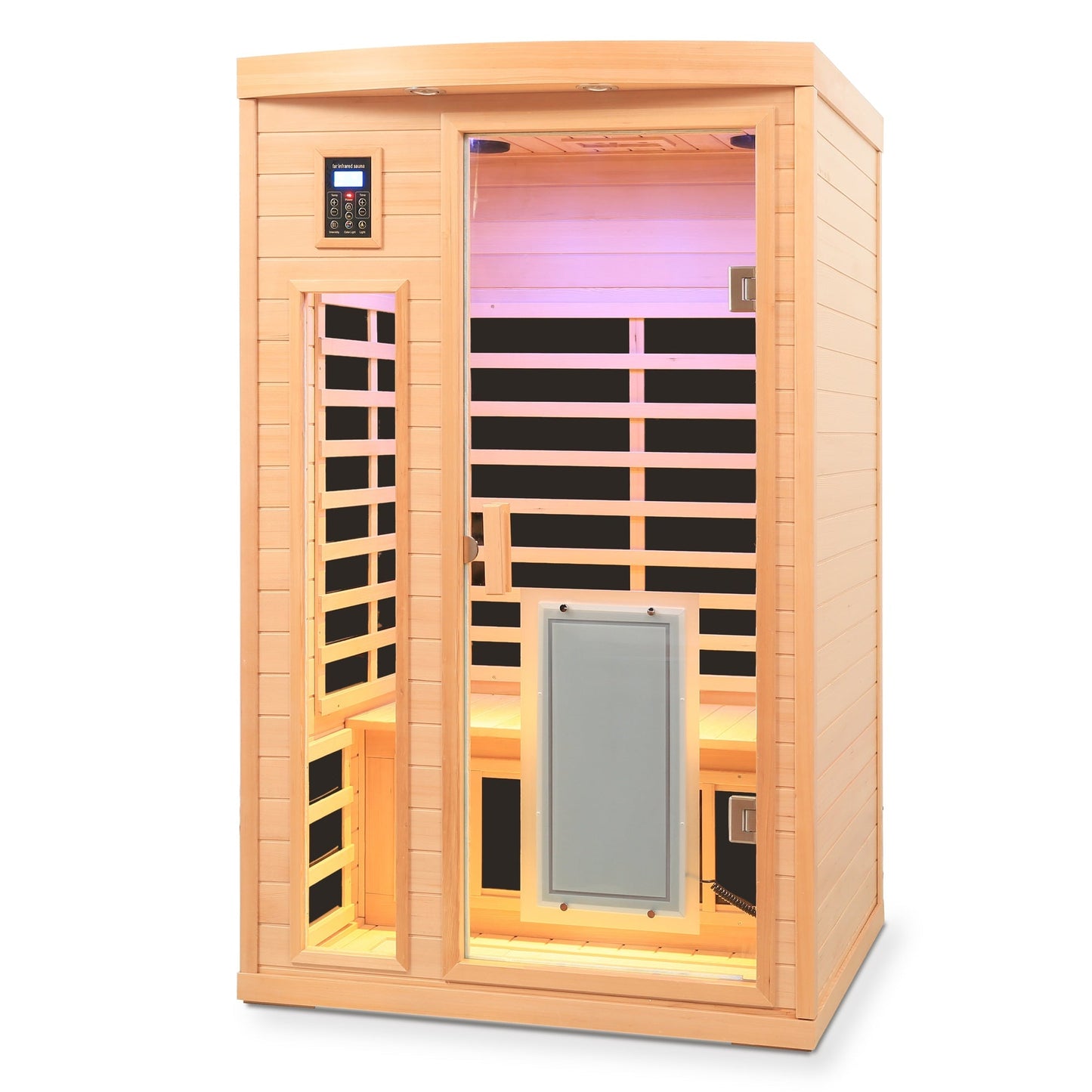 Low EMF, There is also a heating plate on the glass door, Hemlock wood Far-infrared indoor Two person sauna room