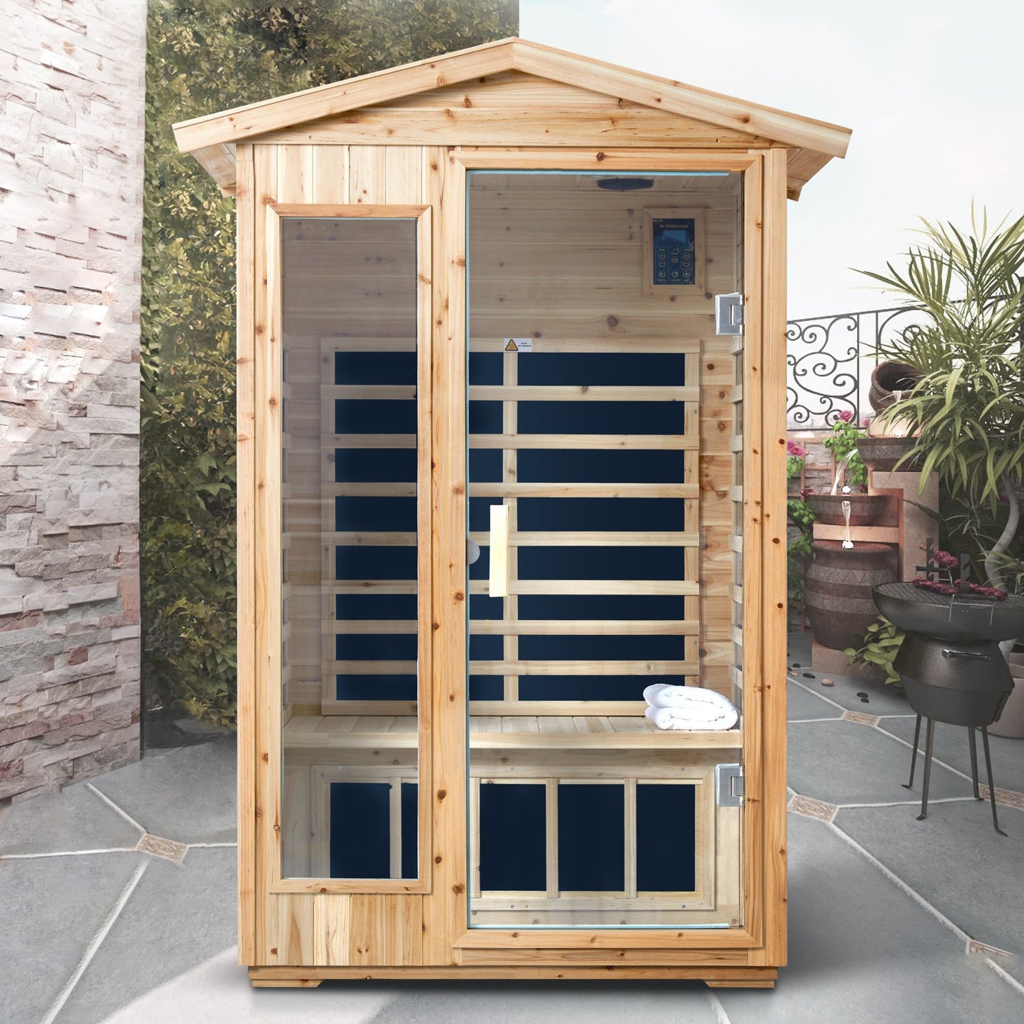 Two Person Far Infrared Old Fir Outdoor Sauna Room with Bluetooth and LED Lighting