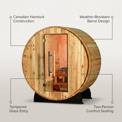 Duet 2-Person Outdoor Barrel Sauna — infographic