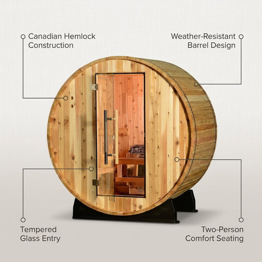 Duet 2-Person Outdoor Barrel Sauna — infographic