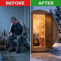 Outdoor Barrel Sauna Built for Year-Round Use, Finnish Thermo Pine, Harvia Heater, Half View Window — Before & After