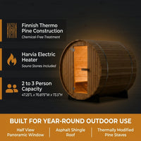 Outdoor Barrel Sauna Built for Year-Round Use, Finnish Thermo Pine, Harvia Heater, Half View Window — Results & Stats