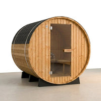Outdoor Barrel Sauna Built for Year-Round Use, Finnish Thermo Pine, Harvia Heater, Half View Window — Studio Shot