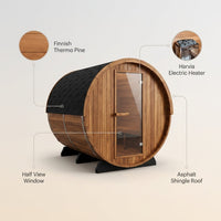 Outdoor Barrel Sauna Built for Year-Round Use, Finnish Thermo Pine, Harvia Heater, Half View Window — infographic