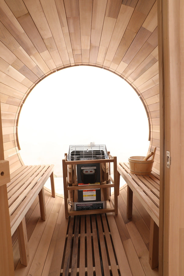 Blisspod, Prague, Canadian Red Cedar Outdoor Steam Barell Sauna, 2-4 / 4-6 persons with Full Glass Back & 2 front Porch seats